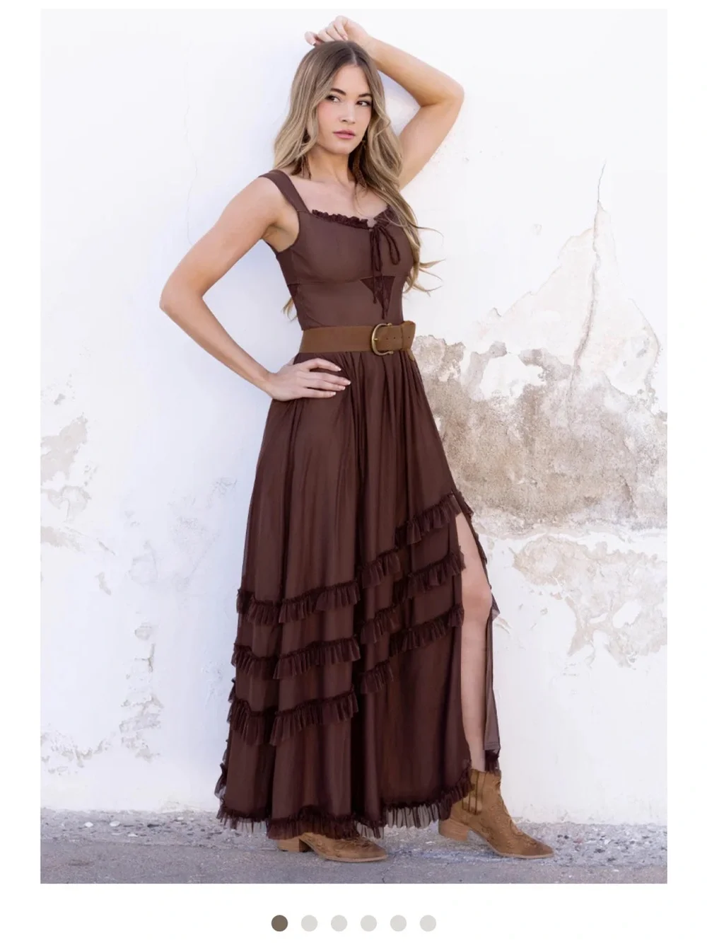 Joyfolie Chocolate Brown Elinda Ruffled Maxi Dress - Picture 1 of 6